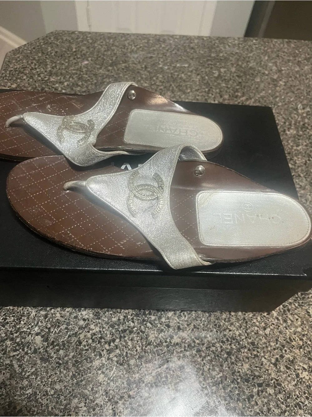 CHANEL Silver Metallic Thong Sandals with Brown Quilted Footbed